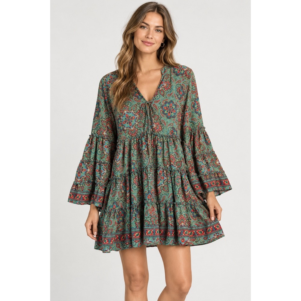 Zury Silk Blend Paisley Tiered Mini Dress Teal Red Boho Ruffle Sleeve Sz OS/Free